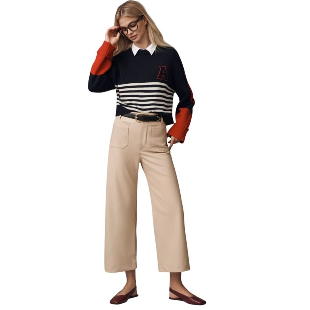 Maeve Colette Faux Leather Crop Wide-Leg Pants Anthropologie Semolina/Beige 29T